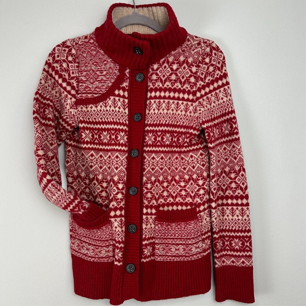 Eddie Bauer Cardigan Womens Small Red Fair Isle Lambswool Sweater Christmas Cozy